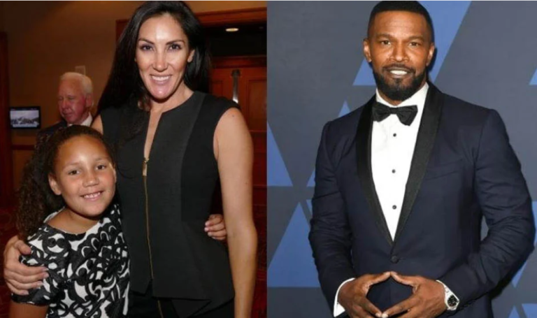 Kristin Grannis with daughter Annalise Bishop on the left, and Jamie Foxx in a black tuxedo on the right at separate public events